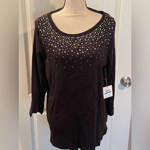 Rafaella Long sleeve black sweater with silver rhinestones. XL New with tags.